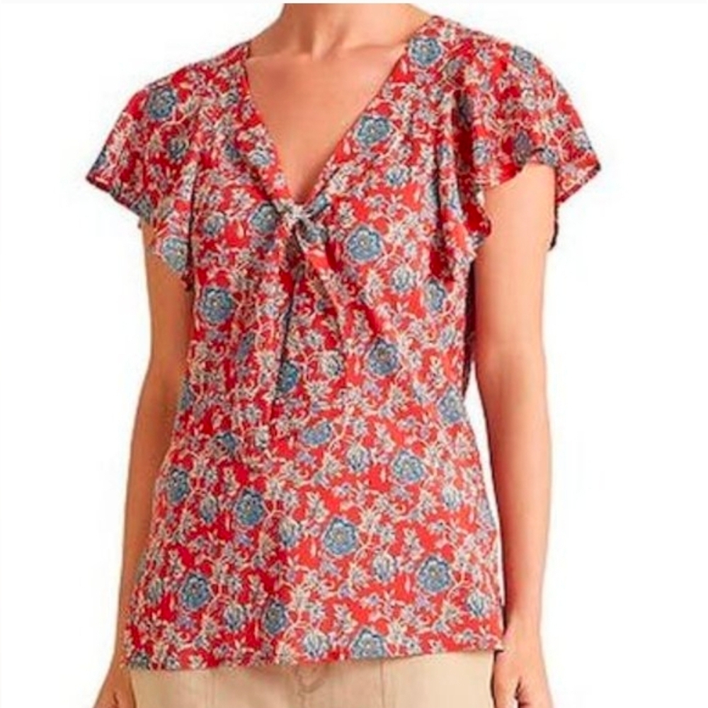 Lauren Ralph Lauren Floral Flutter Sleeve Bow Neckline Artsy Tunic Top sz M